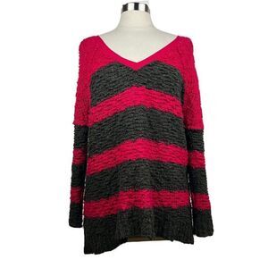 Free People Sweater M Womens Pink Gray Knit Songbird Rugby Stripe Boucle